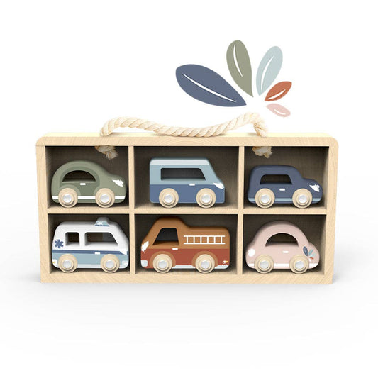 Wooden Car Set | 6 Colorful Toy Vehicles with Display Case