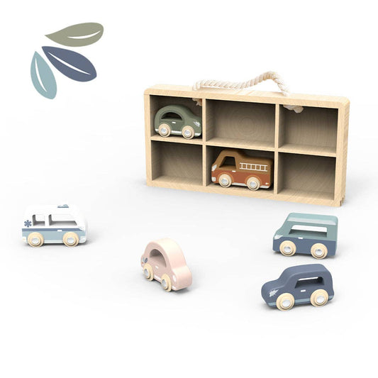 Wooden Car Set | 6 Colorful Toy Vehicles with Display Case