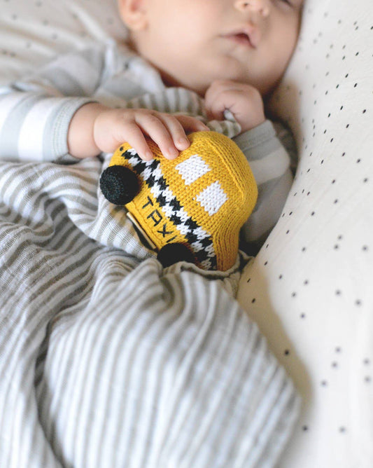 NYC Taxi Organic Cotton Baby Rattle | Handmade Yellow Cab Infant Toy